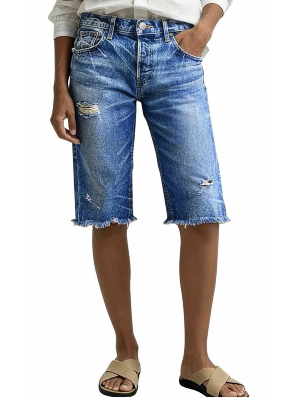 Flamingals Straight Leg Bermuda High Waist Raw Hem Ripped Shorts M
